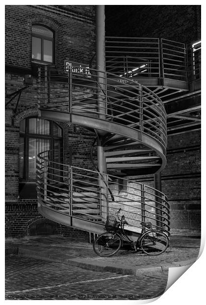 Spiral Staircase and Bicycle in the Speicherstadt of Hamburg Print by Dietmar Rauscher