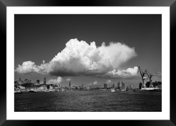 Hamburg Black andWhite Cityscape with Elbe River Framed Mounted Print by Dietmar Rauscher