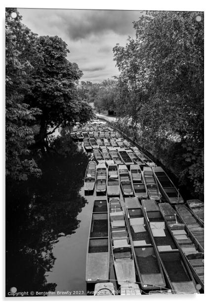 Oxford Boats ( Black & White ) Acrylic by Benjamin Brewty