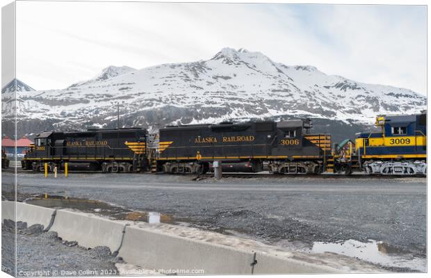 Outdoor Alaska Railroad Locomotives 3001 3006 and  3009 with snow covered mountains behind, Whittier, Alaska, USA Canvas Print by Dave Collins
