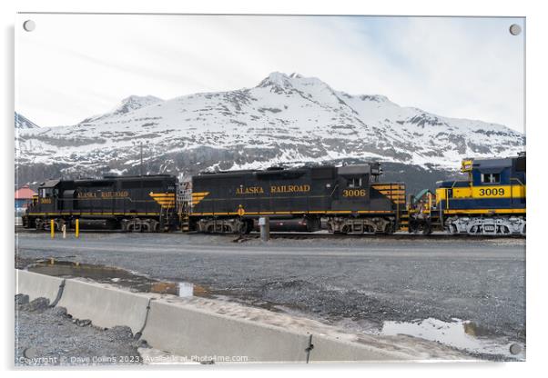 Outdoor Alaska Railroad Locomotives 3001 3006 and  3009 with snow covered mountains behind, Whittier, Alaska, USA Acrylic by Dave Collins