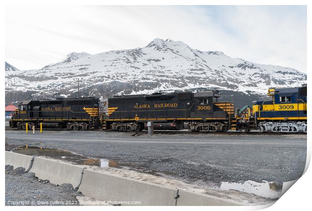 Outdoor Alaska Railroad Locomotives 3001 3006 and  3009 with snow covered mountains behind, Whittier, Alaska, USA Print by Dave Collins