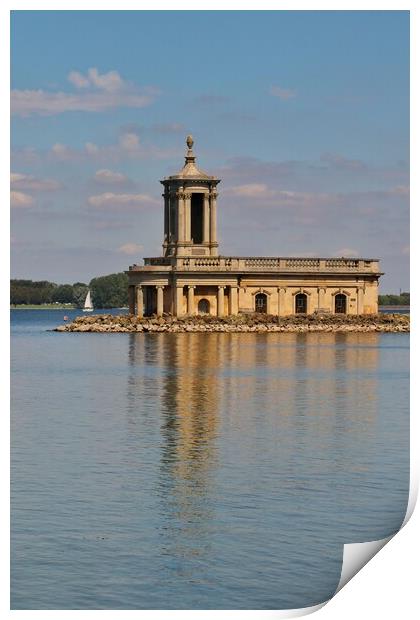 Normanton church on rutland water in reflection.  Print by Tony lopez
