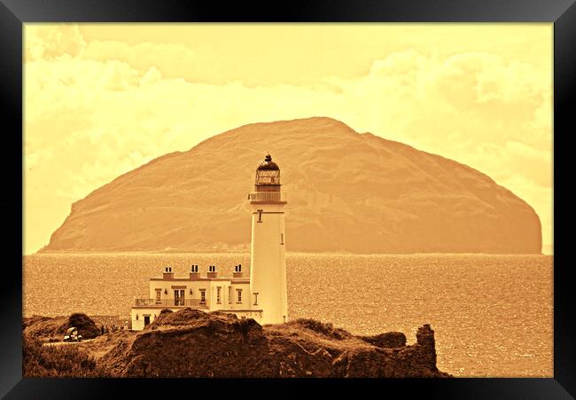 Turnberry lighthouse and Ailsa Craig (sepia) Framed Print by Allan Durward Photography