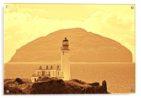 Turnberry lighthouse and Ailsa Craig (sepia) Acrylic by Allan Durward Photography