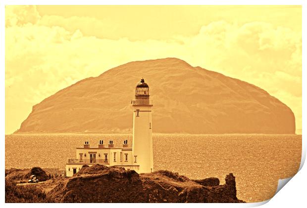 Turnberry lighthouse and Ailsa Craig (sepia) Print by Allan Durward Photography