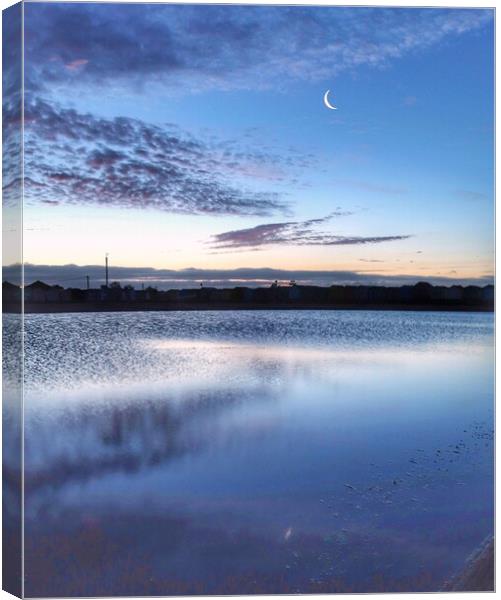 Crescent moon going down over th Brightlingsea tidal pool  Canvas Print by Tony lopez