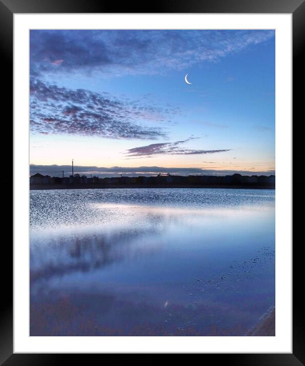 Crescent moon going down over th Brightlingsea tidal pool  Framed Mounted Print by Tony lopez