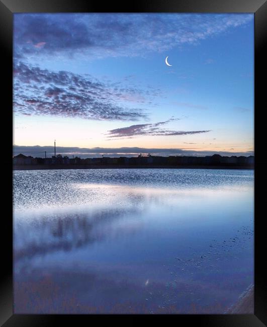 Crescent moon going down over th Brightlingsea tidal pool  Framed Print by Tony lopez