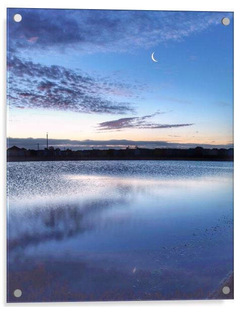 Crescent moon going down over th Brightlingsea tidal pool  Acrylic by Tony lopez