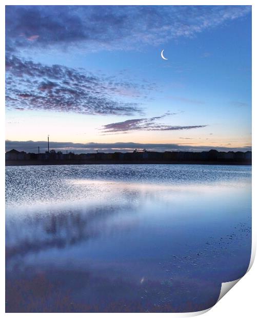 Crescent moon going down over th Brightlingsea tidal pool  Print by Tony lopez
