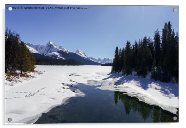 Snowy Maligne Lake Amidst White Peaks Acrylic by rawshutterbug 