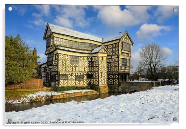 Little Moreton Hall, Cheshire in the winter snow.  Acrylic by John Keates