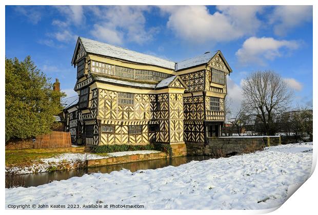 Little Moreton Hall, Cheshire in the winter snow.  Print by John Keates