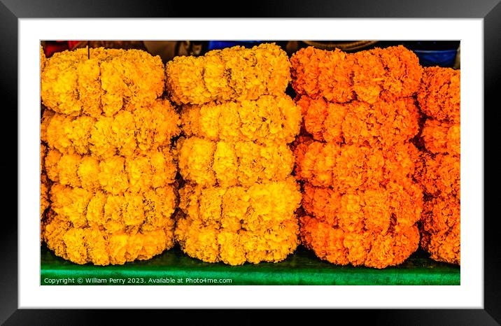 Colorful Marigold Wreaths Flower Market Bangkok Thailand Framed Mounted Print by William Perry