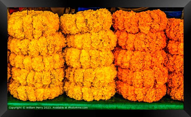 Colorful Marigold Wreaths Flower Market Bangkok Thailand Framed Print by William Perry