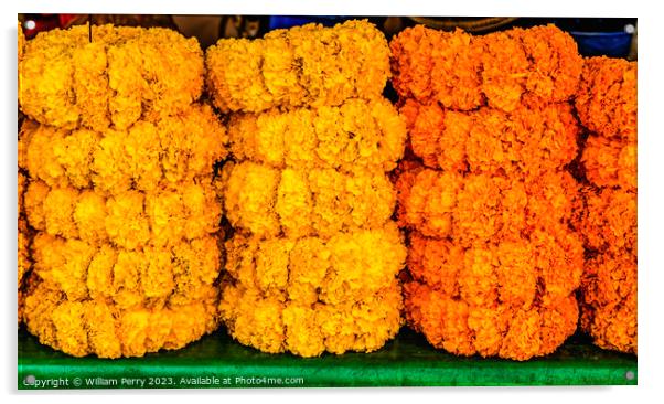 Colorful Marigold Wreaths Flower Market Bangkok Thailand Acrylic by William Perry