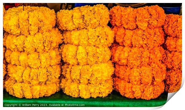 Colorful Marigold Wreaths Flower Market Bangkok Thailand Print by William Perry
