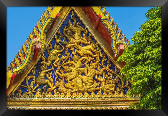 Temple Guardians Fighting Pavilion Roof Wat Pho Bangkok Thailand Framed Print by William Perry