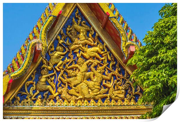 Temple Guardians Fighting Pavilion Roof Wat Pho Bangkok Thailand Print by William Perry