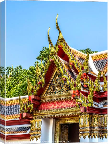 Red Buddha Pavilion Roof Wat Pho Temple Bangkok Thailand Canvas Print by William Perry