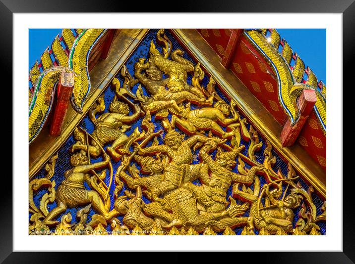 Temple Guardians Fighting Pavilion Roof Wat Pho Bangkok Thailand Framed Mounted Print by William Perry