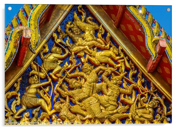 Temple Guardians Fighting Pavilion Roof Wat Pho Bangkok Thailand Acrylic by William Perry