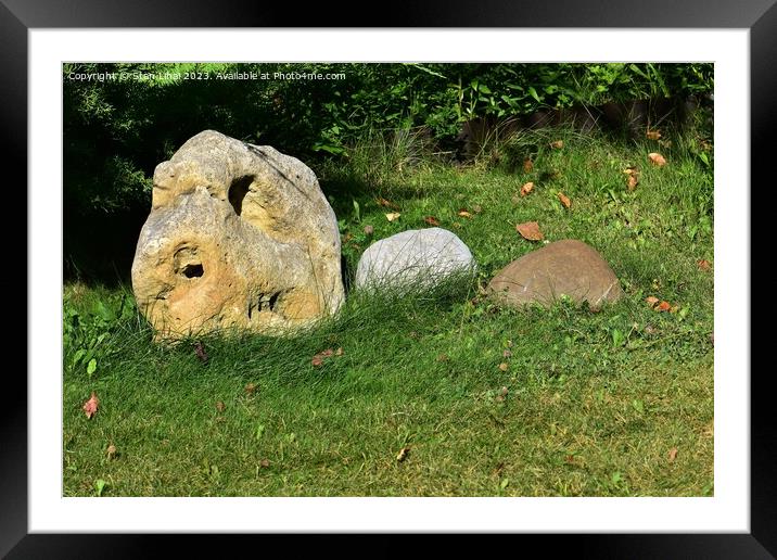 Smooth stones on green grass in sunny summer day Framed Mounted Print by Stan Lihai