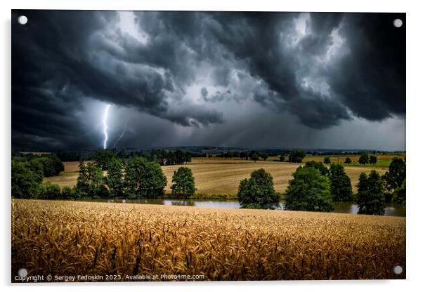 Lightning strike through the storm clouds over rural countryside. Acrylic by Sergey Fedoskin
