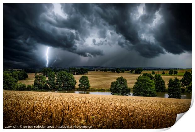 Lightning strike through the storm clouds over rural countryside. Print by Sergey Fedoskin