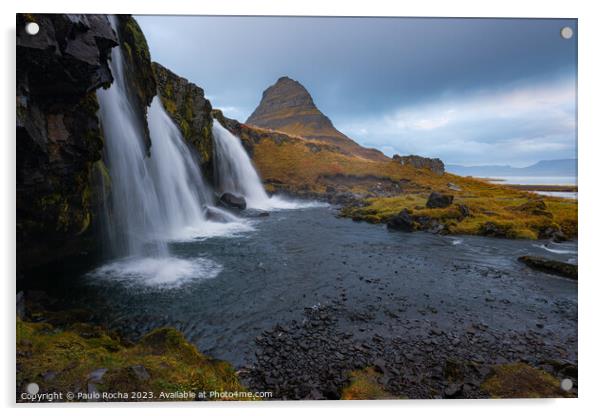 Kirkjufellsfoss waterfalls and kirkjufell mountain Acrylic by Paulo Rocha