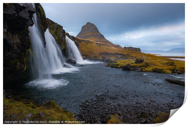 Kirkjufellsfoss waterfalls and kirkjufell mountain Print by Paulo Rocha