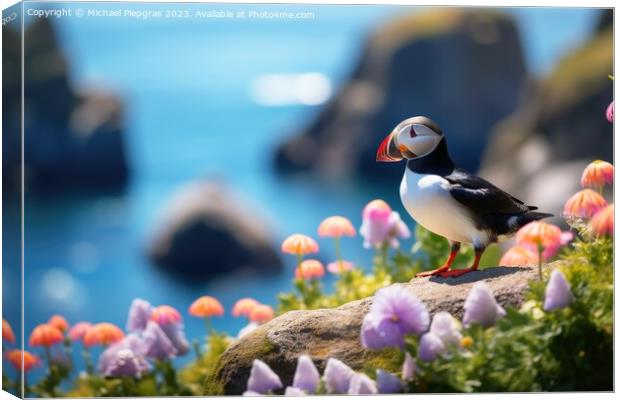 A beautiful puffin bird in a close up view. Canvas Print by Michael Piepgras