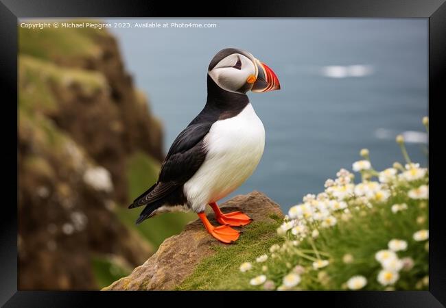 A beautiful puffin bird in a close up view. Framed Print by Michael Piepgras