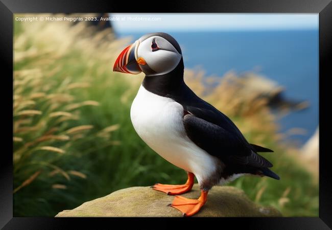 A beautiful puffin bird in a close up view. Framed Print by Michael Piepgras