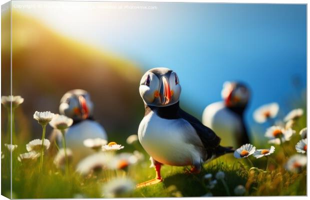 A beautiful puffin bird in a close up view. Canvas Print by Michael Piepgras
