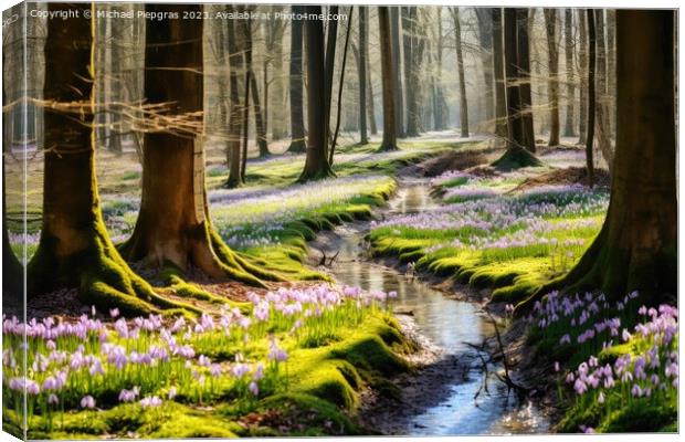 A deciduous forest in spring with a sea of crocus flowers on the Canvas Print by Michael Piepgras