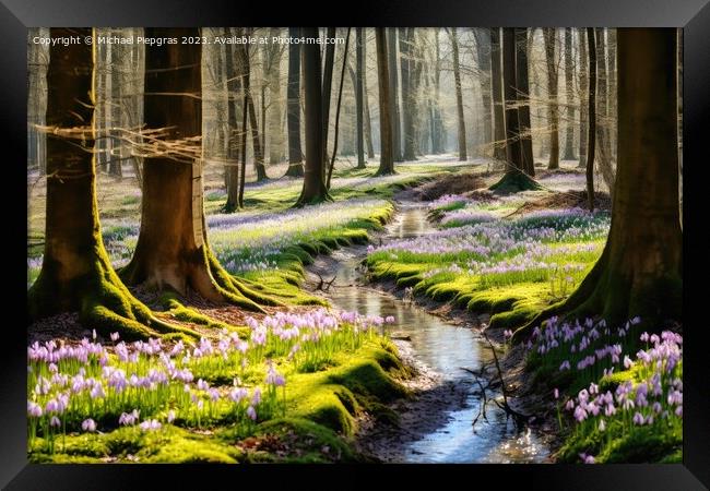 A deciduous forest in spring with a sea of crocus flowers on the Framed Print by Michael Piepgras