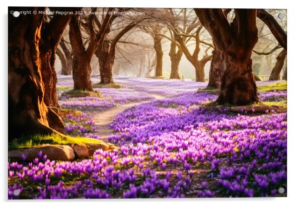 A deciduous forest in spring with a sea of crocus flowers on the Acrylic by Michael Piepgras