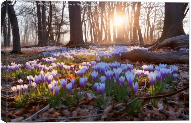 A deciduous forest in spring with a sea of crocus flowers on the Canvas Print by Michael Piepgras