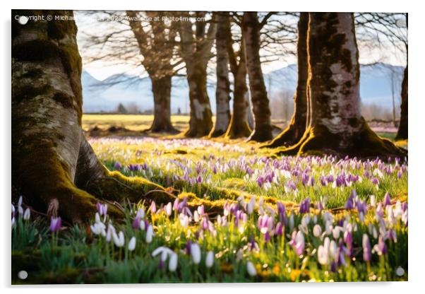 A deciduous forest in spring with a sea of crocus flowers on the Acrylic by Michael Piepgras