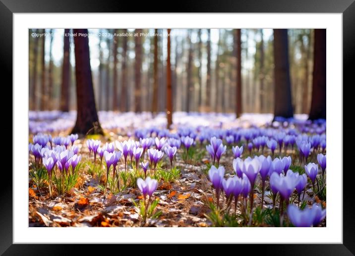 A deciduous forest in spring with a sea of crocus flowers on the Framed Mounted Print by Michael Piepgras