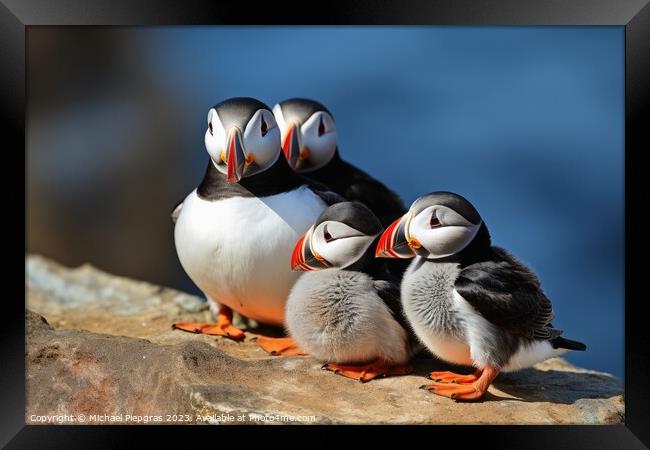 Puffin birds with babies at a coast. Framed Print by Michael Piepgras