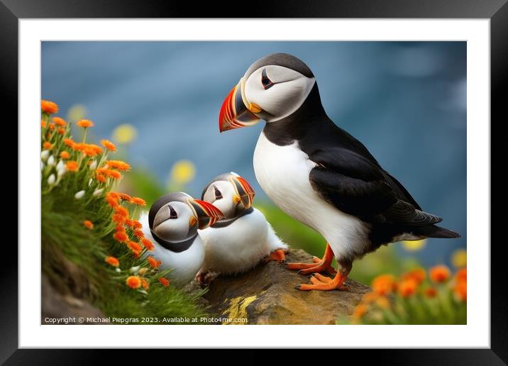 Puffin birds with babies at a coast. Framed Mounted Print by Michael Piepgras