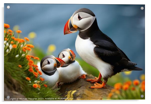 Puffin birds with babies at a coast. Acrylic by Michael Piepgras