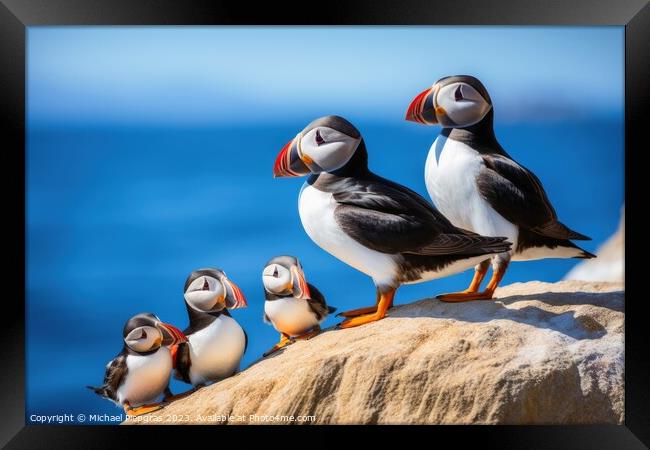 Puffin birds with babies at a coast. Framed Print by Michael Piepgras
