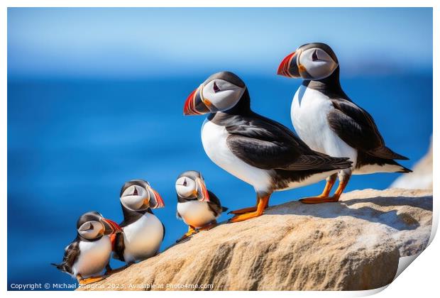 Puffin birds with babies at a coast. Print by Michael Piepgras