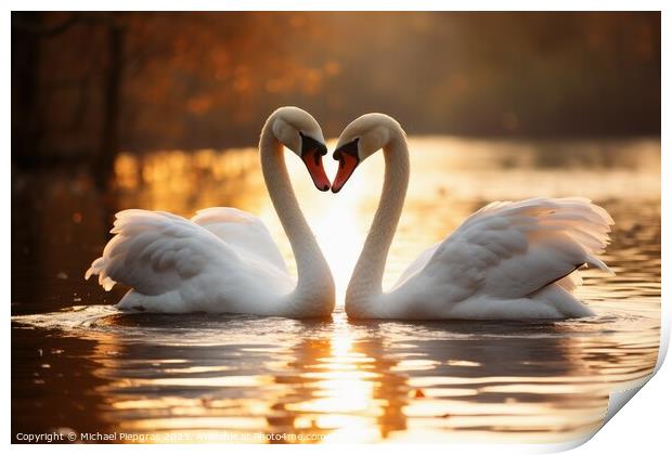 A swan couple in the sunset Print by Michael Piepgras