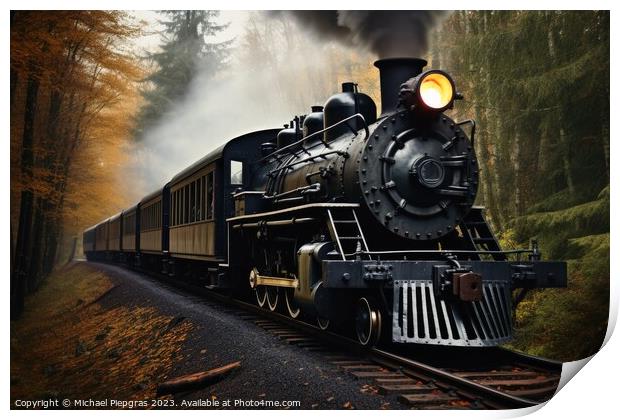 An old steam locomotive with lots of steam and smoke. Print by Michael Piepgras