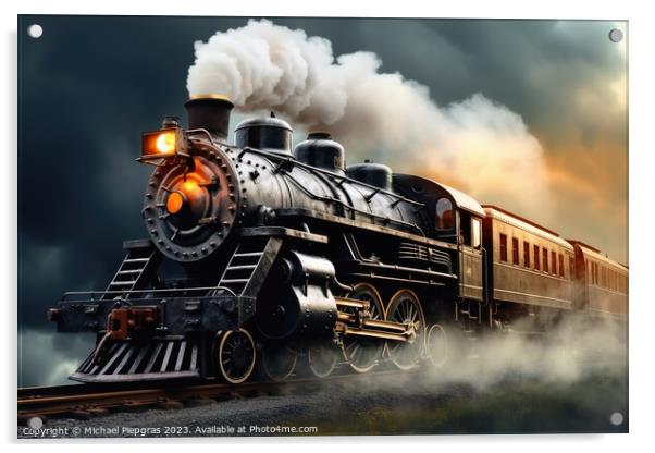 An old steam locomotive with lots of steam and smoke. Acrylic by Michael Piepgras